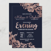 ネイビーブルー&バラ金ゴールドフローラ夕べ 招待状 (正面/裏面)