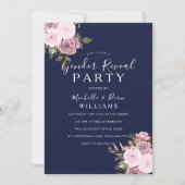 ネイビーブルー&バラ金ゴールドフローラ性別パーティー表示 招待状 (正面)