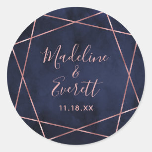 ネイビーブルー&バラ金ゴールド幾何学的モノグラム結婚ズ ラウンドシール