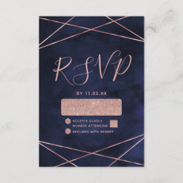 ネイビーブルー&バラ金ゴールド幾何学結婚式RSVP 出欠カード