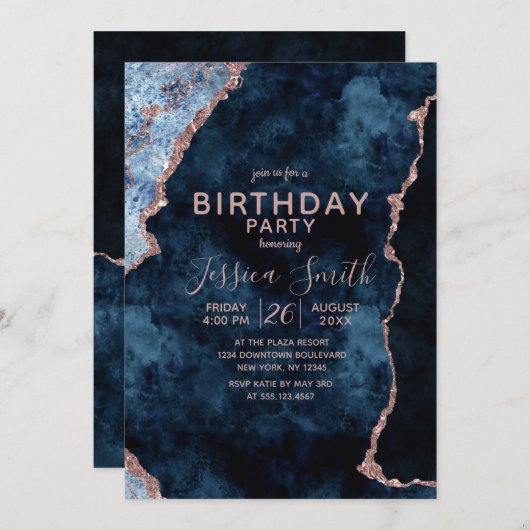 ネイビーブルー&バラ金ゴールド誕生日パーティーの招待 招待状 (正面/裏面)