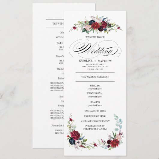 ネイビーブルー | バーガンディーレッド フローラル ウェディングプログラム 招待状 (正面/裏面)