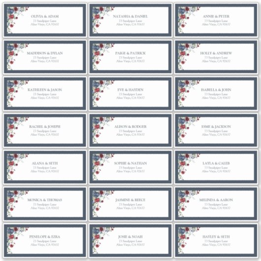ネイビーブルー バーガンディー フラワーミズモノのゲスト住所ラベル シール (正面)