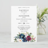 ネイビーブルー、バーガンディー＆ホワイト フラワー ウェディング 招待状 (スタンド正面)