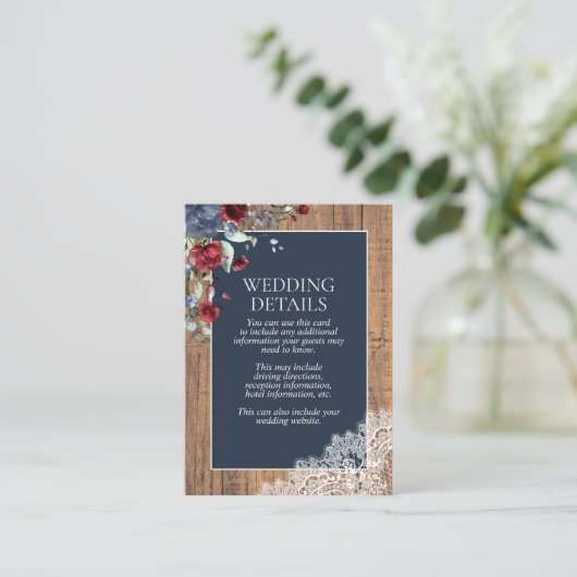 ネイビーブルー バーガンディー ボタニカルレース 木目 詳細 エンクロージャーカード (スタンド正面)