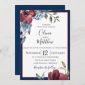 ネイビーブルー バーガンディー ボタニカル ウェディング 招待状 (正面/裏面)