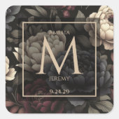 ネイビーブルー & バーガンディー ムーディーフラワー スクエアシール (正面)