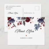 ネイビーブルー バーガンディ ゴシック フラワー ウェディング サンクス ポストカード (正面/裏面)