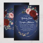 ネイビーブルー バーガンディ ゴールド フローラル ボヘミア ウェディング 招待状 (正面/裏面)