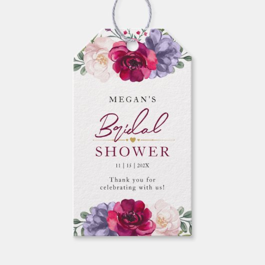ネイビーブルー & バーガンディ フラワーブライダルシャワー ギフトタグ (正面)