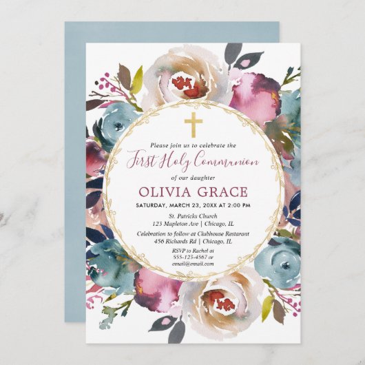 ネイビーブルー バーガンディ マルロット 初領聖体礼拝 招待状 (正面/裏面)