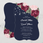 ネイビーブルー バーガンディ ローズ ベイビーズブレス ウェディング 招待状 (正面/裏面)