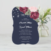 ネイビーブルー バーガンディ ローズ ベイビーズブレス ウェディング 招待状 (スタンド正面)