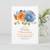 ネイビーブルー  バーンオレンジの花柄 ウェディングアニバーサリー 招待状 (スタンド正面)
