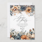 ネイビーブルー、バーントオレンジ、シャンパンのガーデンパーティー 招待状 (正面)