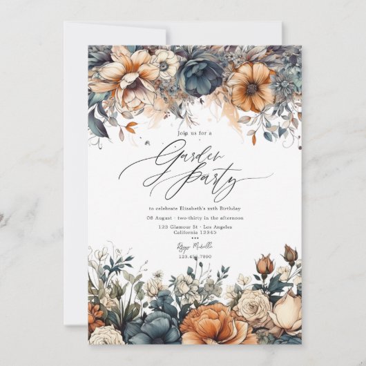 ネイビーブルー、バーントオレンジ、シャンパンのガーデンパーティー 招待状 (正面)