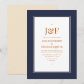 ネイビーブルー、バーントオレンジ、シャンパンの結婚式 招待状 (正面/裏面)