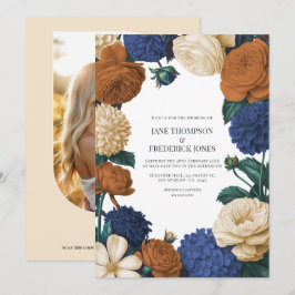 ネイビーブルー、バーントオレンジ、シャンパンの結婚式 招待状