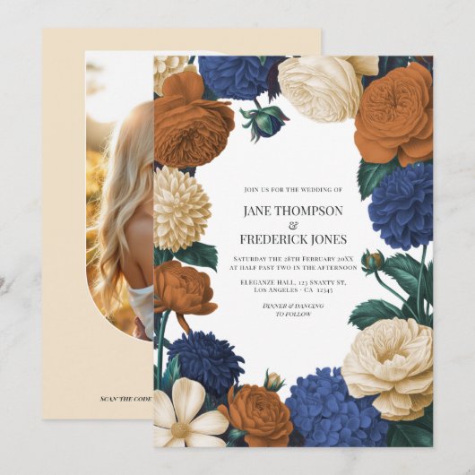 ネイビーブルー、バーントオレンジ、シャンパンの結婚式 招待状 (正面/裏面)