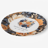 ネイビーブルー、バーントオレンジ & シャンパンフラワーのウェディング ペーパープレート (アングル)