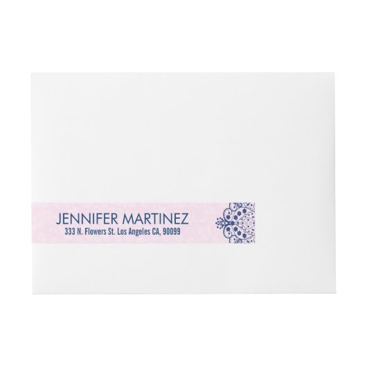 ネイビーブルー&パステルピンクフローラレースデザイン ラップアラウンド宛名ラベル (正面)