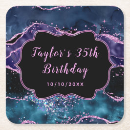 ネイビーブルー&パープル海アゲート誕生日 スクエアペーパーコースター