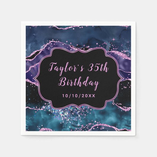ネイビーブルー&パープル海アゲート誕生日 スタンダードカクテルナプキン (正面)