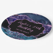 ネイビーブルー&パープル海アゲート誕生日 ペーパープレート (アングル)