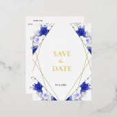 ネイビーブルー パープル ジオメトリック ゴールドレタリング ウェディング 箔招待状ポストカード (正面/裏面)