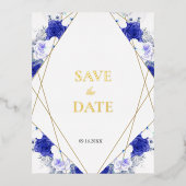 ネイビーブルー パープル ジオメトリック ゴールドレタリング ウェディング 箔招待状ポストカード (正面)