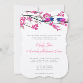 ネイビーブルー&ピンクさくらんぼブロッサムヴィンテージラブバード 招待状