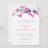 ネイビーブルー&ピンクさくらんぼブロッサムヴィンテージラブバード 招待状 (正面)