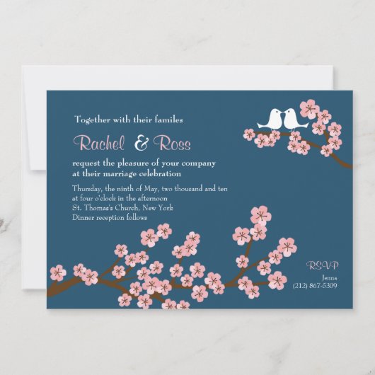 ネイビーブルー&ピンクさくらんぼブロッサム庭園の結婚式 招待状 (正面)