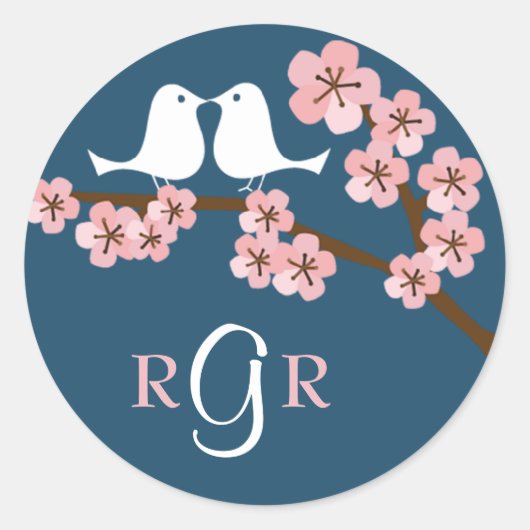 ネイビーブルー&ピンクさくらんぼブロッサム春の結婚式 ラウンドシール (正面)