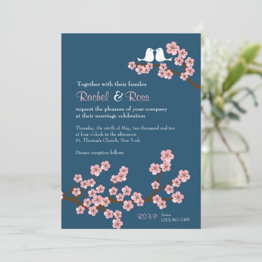 ネイビーブルー&ピンクさくらんぼブロッサム春の結婚式 招待状 (スタンド正面)