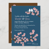 ネイビーブルー&ピンクさくらんぼブロッサム春の結婚式 招待状 (正面/裏面)
