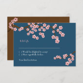 ネイビーブルー&ピンクの桜の春の結婚式 出欠カード (正面/裏面)