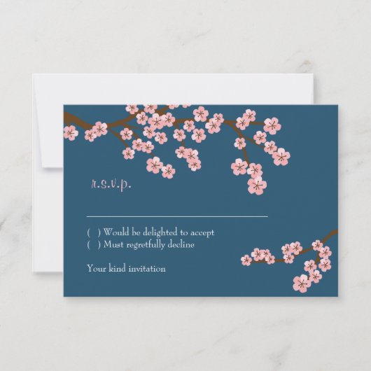 ネイビーブルー＆ピンクの桜 春の結婚式 出欠カード (正面)