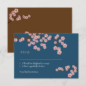 ネイビーブルー＆ピンクの桜 春の結婚式 出欠カード (正面/裏面)