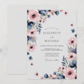 ネイビーブルー+ピンクの洗練された春の結婚式 招待状 (正面/裏面)