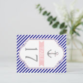 ネイビーブルー、ピンクの海軍風結婚式テーブルナンバー ポストカード (スタンド正面)