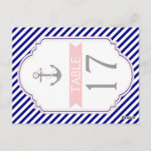 ネイビーブルー、ピンクの海軍風結婚式テーブルナンバー ポストカード (裏面)