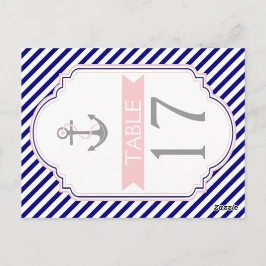 ネイビーブルー、ピンクの海軍風結婚式テーブルナンバー ポストカード (裏面)
