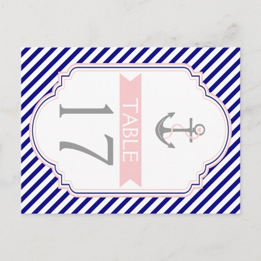 ネイビーブルー、ピンクの海軍風結婚式テーブルナンバー ポストカード (正面)