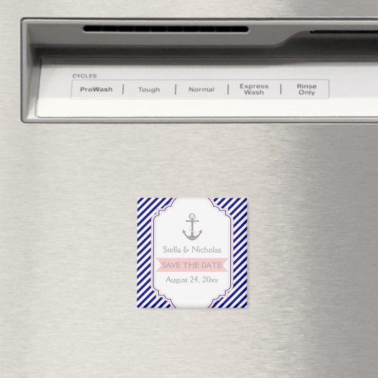 ネイビーブルー、ピンクの航海ウェディング Save the Date マグネット (インサイチュ (食洗機))