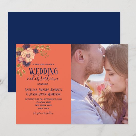ネイビーブルー ピンクの花柄 フォト ウェディング 招待状 (正面/裏面)
