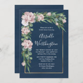 ネイビーブルー&ピンクダスティーバラグリーンブライダルシャワー 招待状 (正面/裏面)