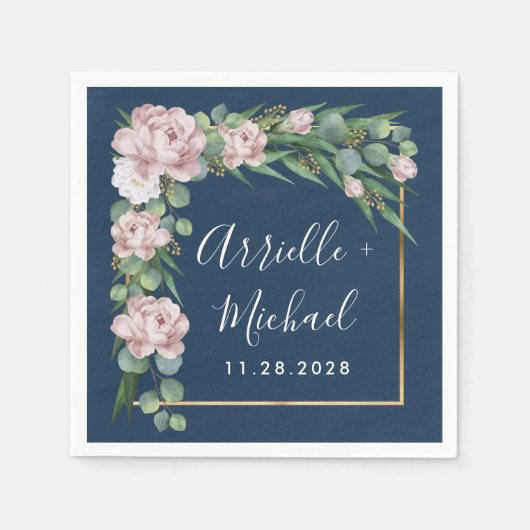 ネイビーブルー&ピンクダスティーバラグリーン結婚金ゴールド スタンダードカクテルナプキン (正面)