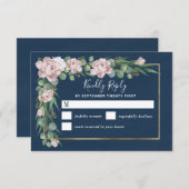 ネイビーブルー&ピンクダスティーバラグリーン結婚金ゴールド 出欠カード (正面/裏面)