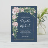 ネイビーブルー&ピンクダスティーバラグリーン結婚金ゴールド 招待状 (スタンド正面)